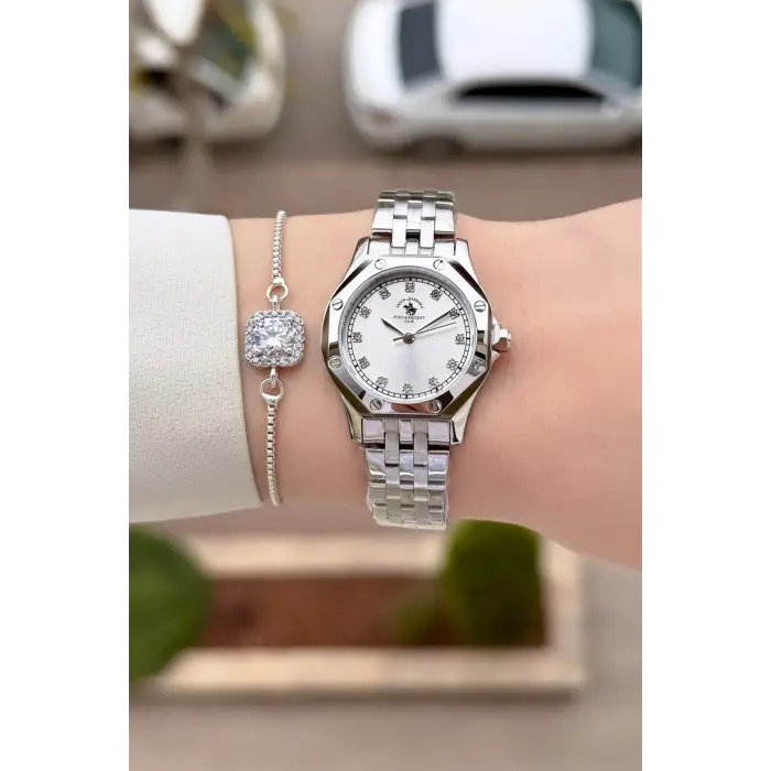 Santa Barbara Polo & Racquet Club Gümüş Renk 27,5 Mm Tam Çelik 5 ATM Su Geçirmez Kadın Kol Saati ve Bileklik