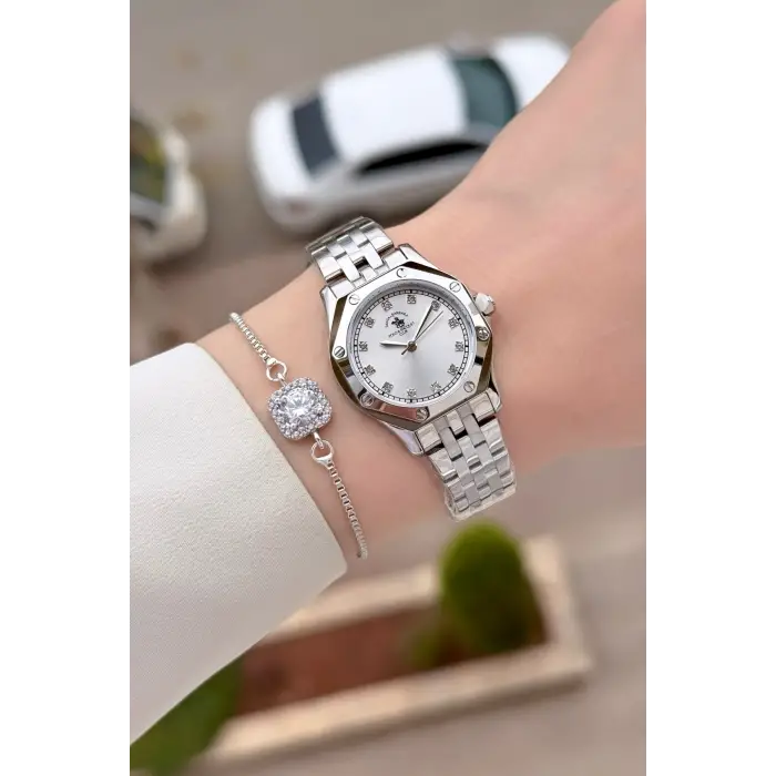Santa Barbara Polo & Racquet Club Gümüş Renk 27,5 Mm Tam Çelik 5 ATM Su Geçirmez Kadın Kol Saati ve Bileklik