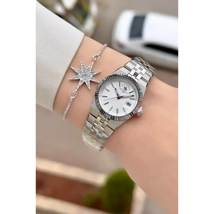 Santa Barbara Polo & Racquet Club Gümüş Renk 26 Mm Tam Çelik 5 ATM Su Geçirmez Kadın Kol Saati ve Bileklik