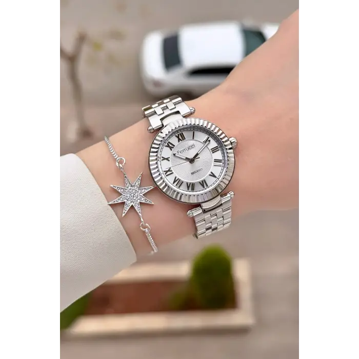Gümüş Renk 35 Mm Hediye Paketli Kadın Kol Saati ve Bileklik