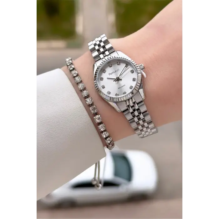 Gümüş Renk 24 Mm Tam Çelik Paslanmaz Kadın Kol Saati ve Bileklik