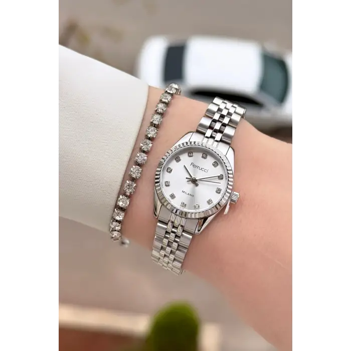 Gümüş Renk 24 Mm Tam Çelik Paslanmaz Kadın Kol Saati ve Bileklik