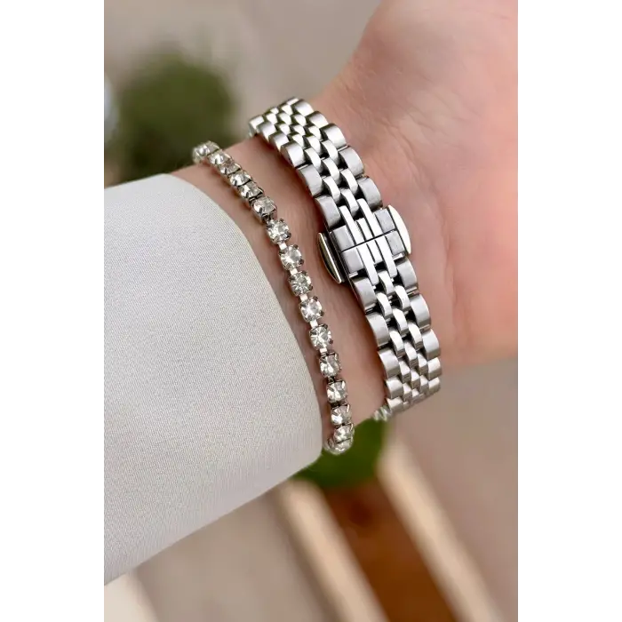 Gümüş Renk 24 Mm Tam Çelik Paslanmaz Kadın Kol Saati ve Bileklik