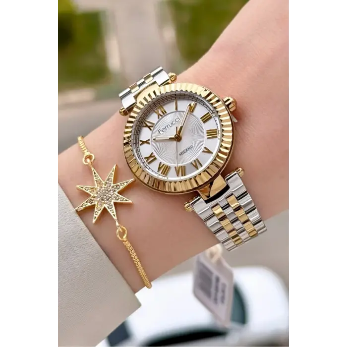 Gold Gümüş Renk 35 Mm Hediye Paketli Kadın Kol Saati ve Bileklik