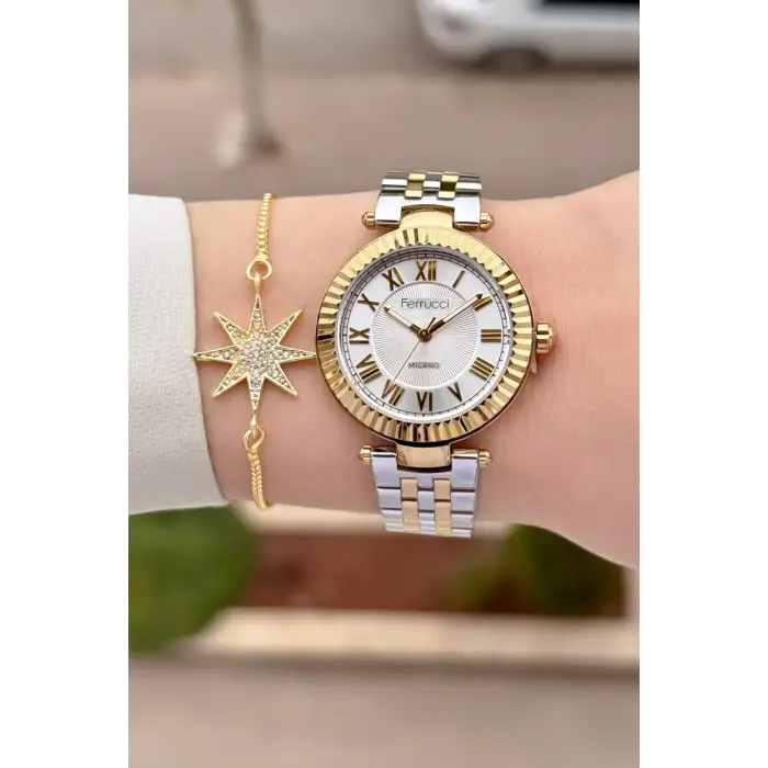 Gold Gümüş Renk 35 Mm Hediye Paketli Kadın Kol Saati ve Bileklik