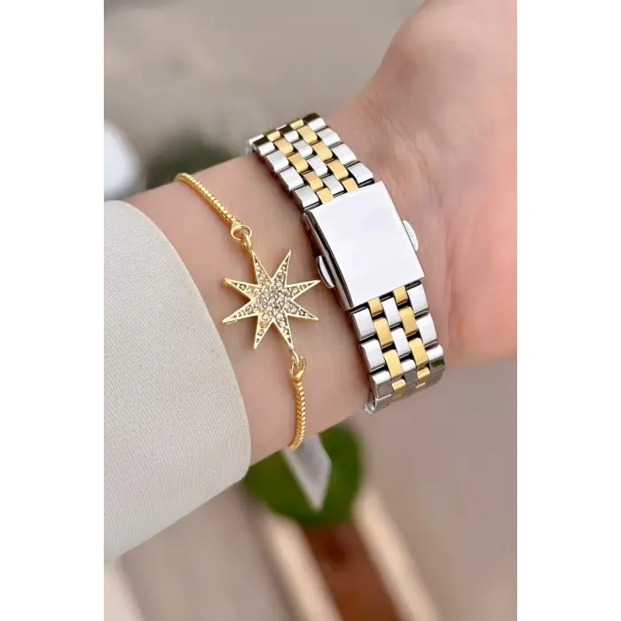 Gold Gümüş Renk 35 Mm Hediye Paketli Kadın Kol Saati ve Bileklik