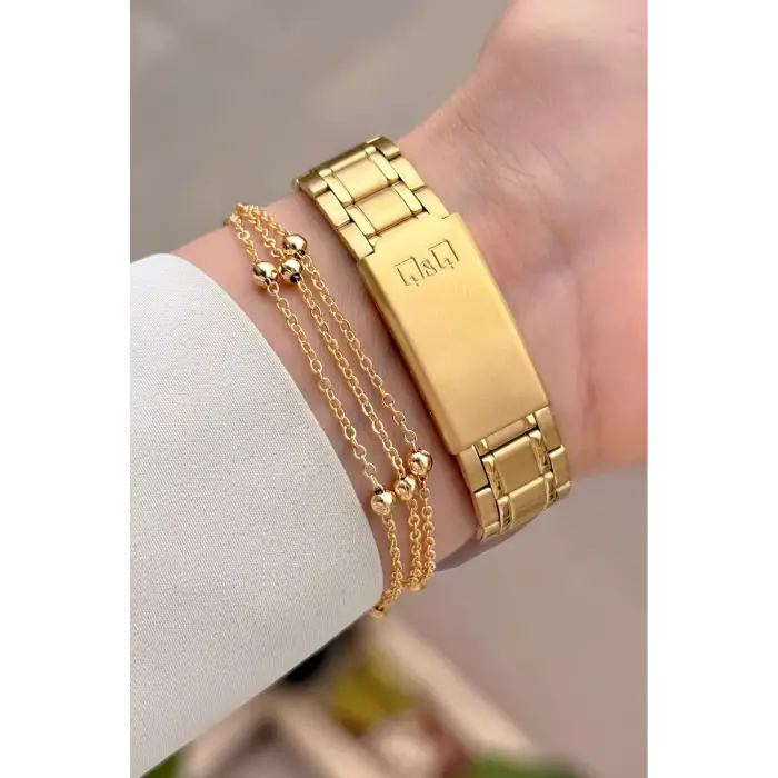 Gold Renk 30 Mm Kadın Kol Saati ve Hediye Bileklik