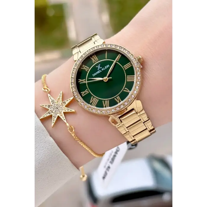 Kadranı Yeşil Kordonu Gold Renk 35 mm Kadın Kol Saati ve Hediye Bileklik