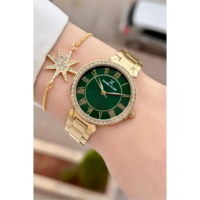 Kadranı Yeşil Kordonu Gold Renk 35 mm Kadın Kol Saati ve Hediye Bileklik