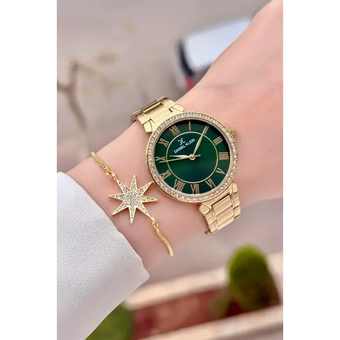 Kadranı Yeşil Kordonu Gold Renk 35 mm Kadın Kol Saati ve Hediye Bileklik