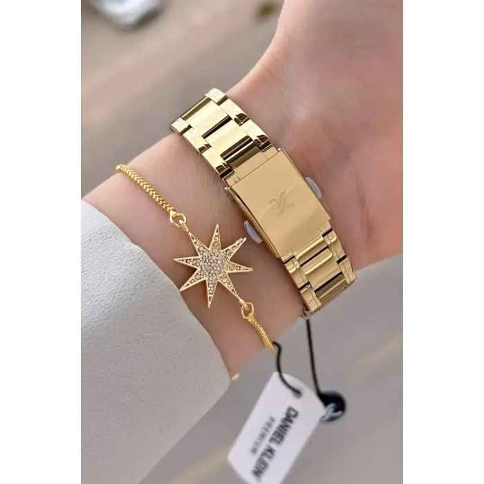 Kadranı Yeşil Kordonu Gold Renk 35 mm Kadın Kol Saati ve Hediye Bileklik
