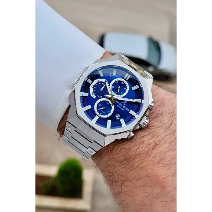 Kadranı Lacivert Kordonu Gümüş Renk Hediye Paketli 45 mm Erkek Kol Saati
