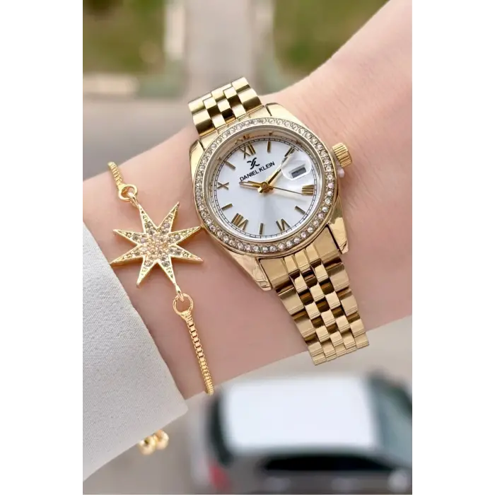 Gold Renk 28 mm Kristal Cam Kadın Kol Saati ve Bileklik