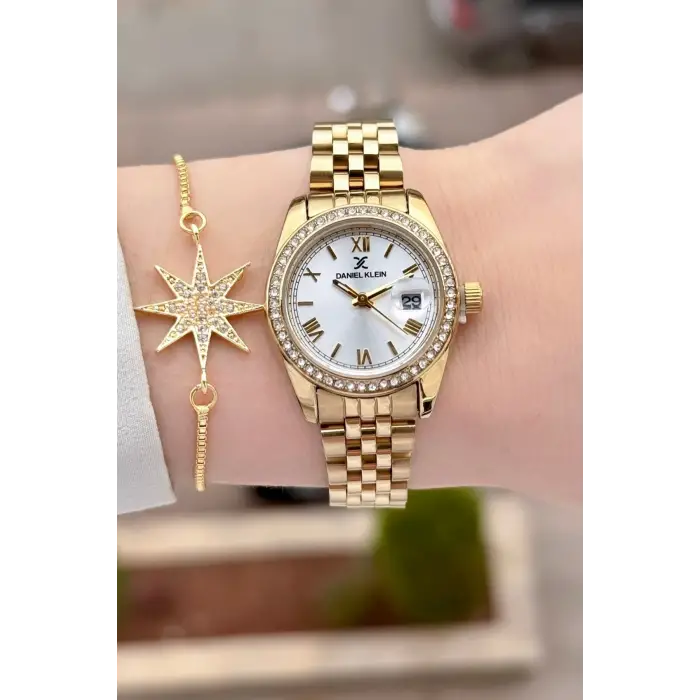 Gold Renk 28 mm Kristal Cam Kadın Kol Saati ve Bileklik