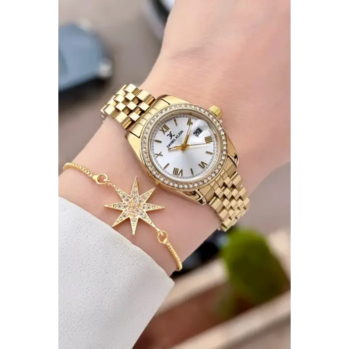 Gold Renk 28 mm Kristal Cam Kadın Kol Saati ve Bileklik