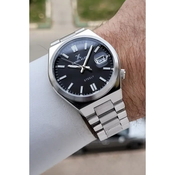 Kadranı Siyah Kordonu Gümüş Renk 40 mm Kristal Cam Çelik Metaryel Erkek Kol Saati