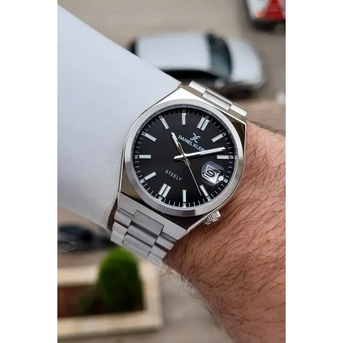 Kadranı Siyah Kordonu Gümüş Renk 40 mm Kristal Cam Çelik Metaryel Erkek Kol Saati