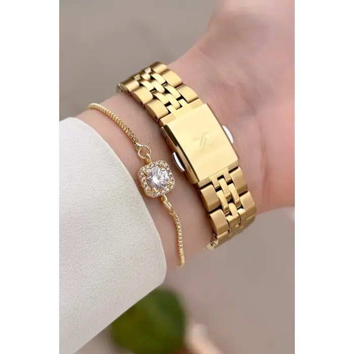 Gold Renk 35 Mm Hediye Paketli Kadın Kol Saati Ve Bileklik