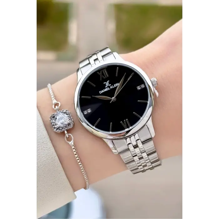 Kadranı Siyah Kordonu Gümüş Renk 35 mm Kadın Kol Saati ve Hediye Bileklik