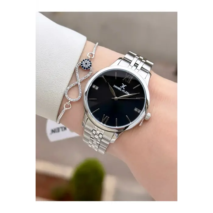 Gümüş Siyah Renk 35 mm Hediye Paketli Kadın Kol Saati ve Bileklik