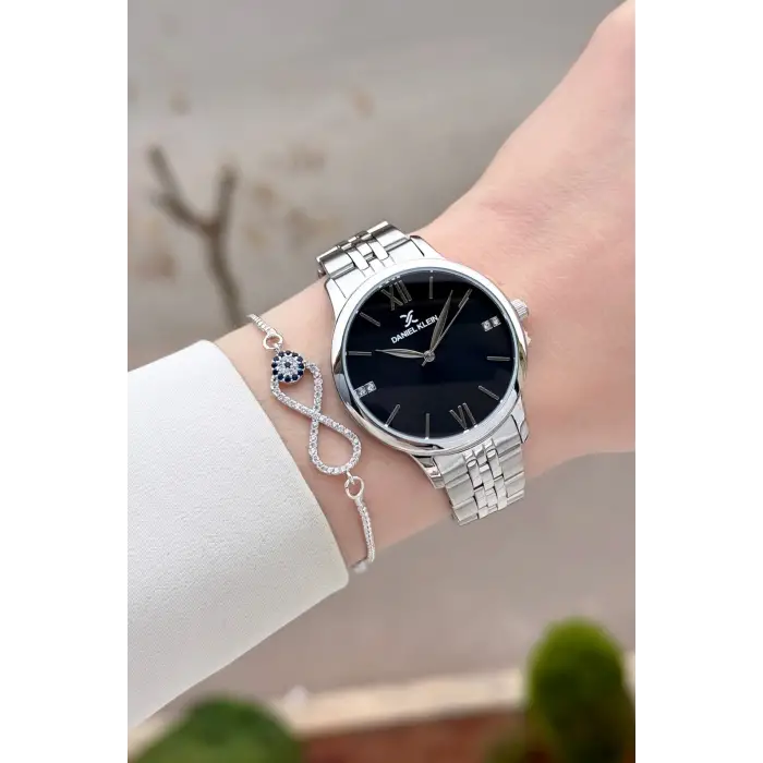 Gümüş Siyah Renk 35 mm Hediye Paketli Kadın Kol Saati ve Bileklik