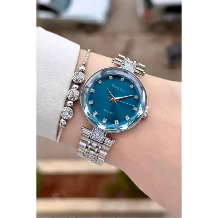 Kadranı Mavi Kordonu Gümüş Renk 32 mm Kadın Kol Saati ve Bileklik