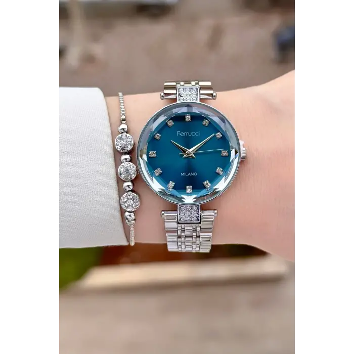 Kadranı Mavi Kordonu Gümüş Renk 32 mm Kadın Kol Saati ve Bileklik
