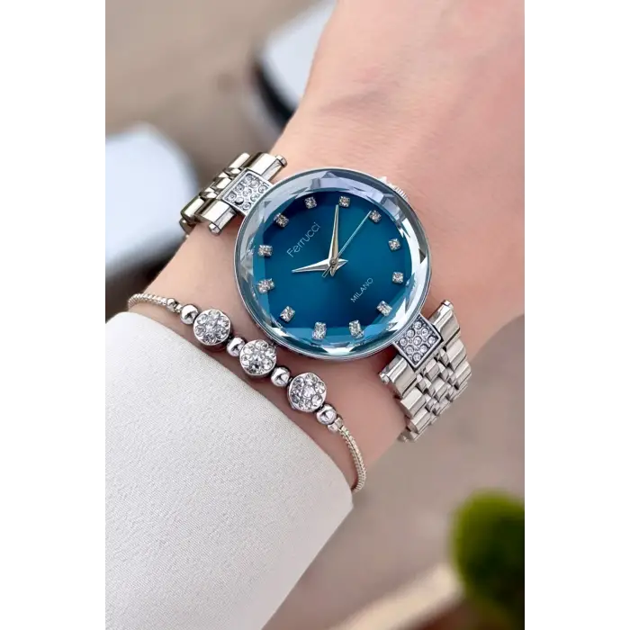 Kadranı Mavi Kordonu Gümüş Renk 32 mm Kadın Kol Saati ve Bileklik