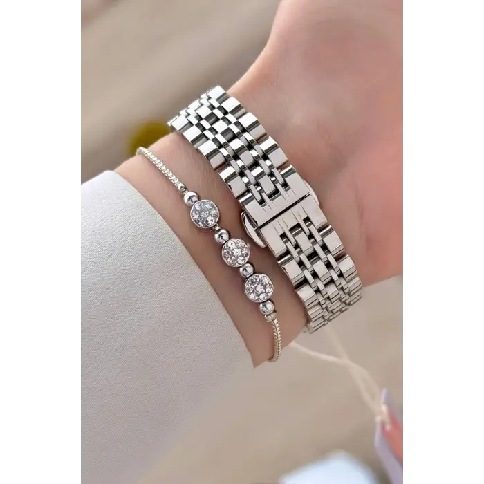 Kadranı Mavi Kordonu Gümüş Renk 32 mm Kadın Kol Saati ve Bileklik