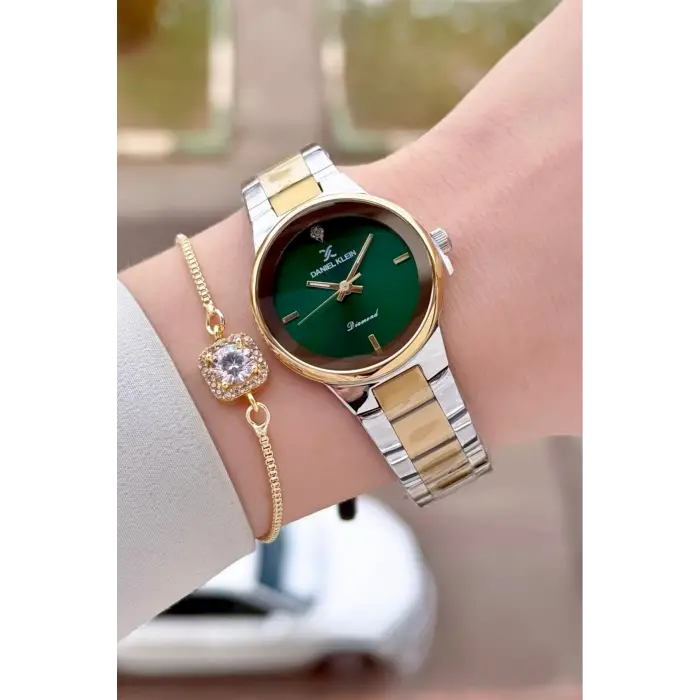Kadranı Yeşil Kordonu Gold Gümüş Renk 30 mm Hediye Paketli Kadın Kol Saati ve Hediye Bileklik