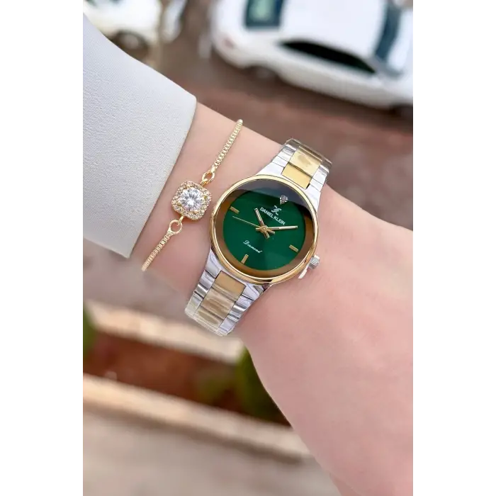 Kadranı Yeşil Kordonu Gold Gümüş Renk 30 mm Hediye Paketli Kadın Kol Saati ve Hediye Bileklik