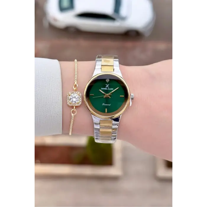 Kadranı Yeşil Kordonu Gold Gümüş Renk 30 mm Hediye Paketli Kadın Kol Saati ve Hediye Bileklik