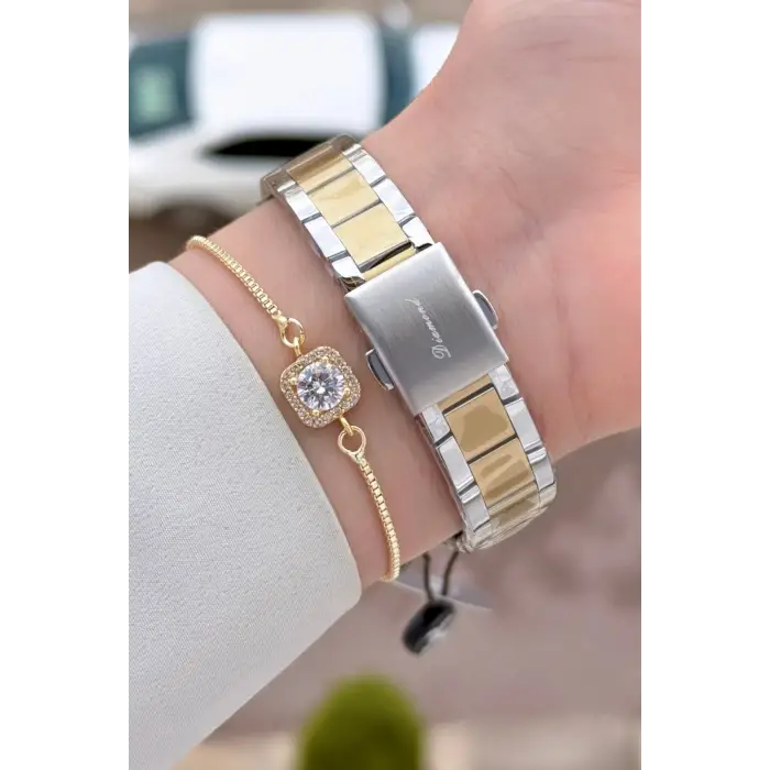 Kadranı Yeşil Kordonu Gold Gümüş Renk 30 mm Hediye Paketli Kadın Kol Saati ve Hediye Bileklik