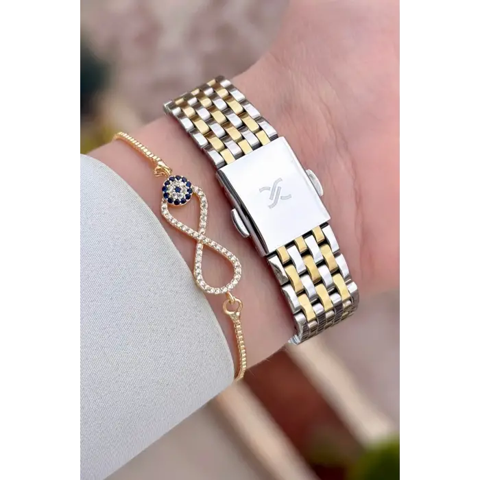 Kadranı Gümüş Kordonu Gold Gümüş Renk 30 mm Hediye Paketli Kadın Kol Saati ve Bileklik