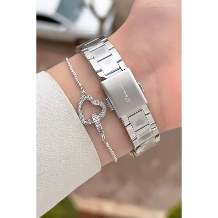 Pırlantalı Gümüş Renk 30 mm Hediye Paketli Kadın Kol Saati ve Bileklik