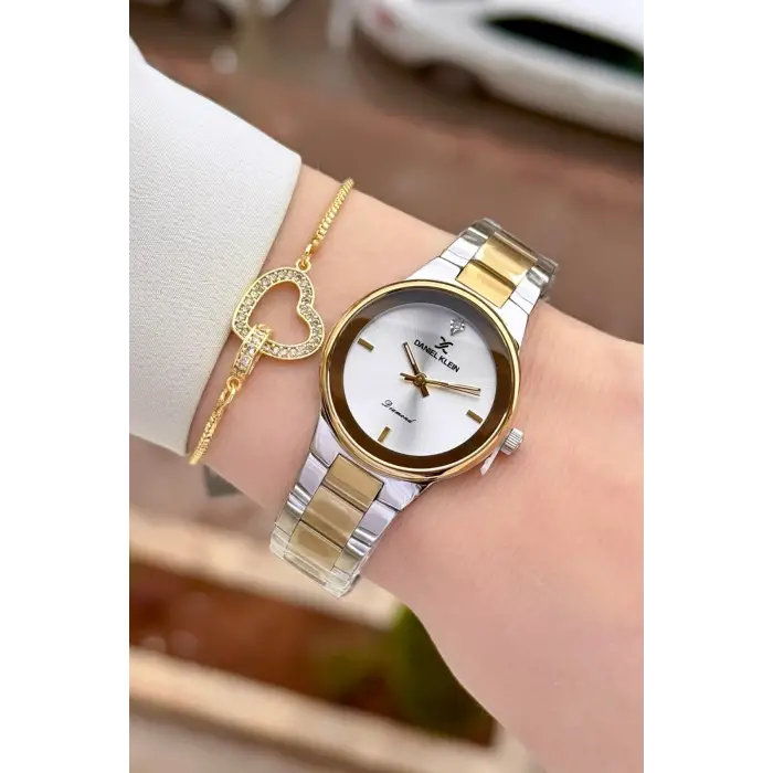 Pırlantalı Gold Gümüş Renk 30 mm Hediye Paketli Kadın Kol Saati ve Bileklik