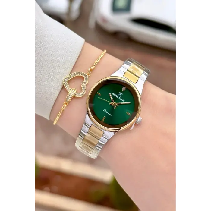 Pırlantalı Kadranı Yeşil Kordonu Gold Gümüş Renk 30 mm Hediye Paketli Kadın Kol Saati ve Bileklik