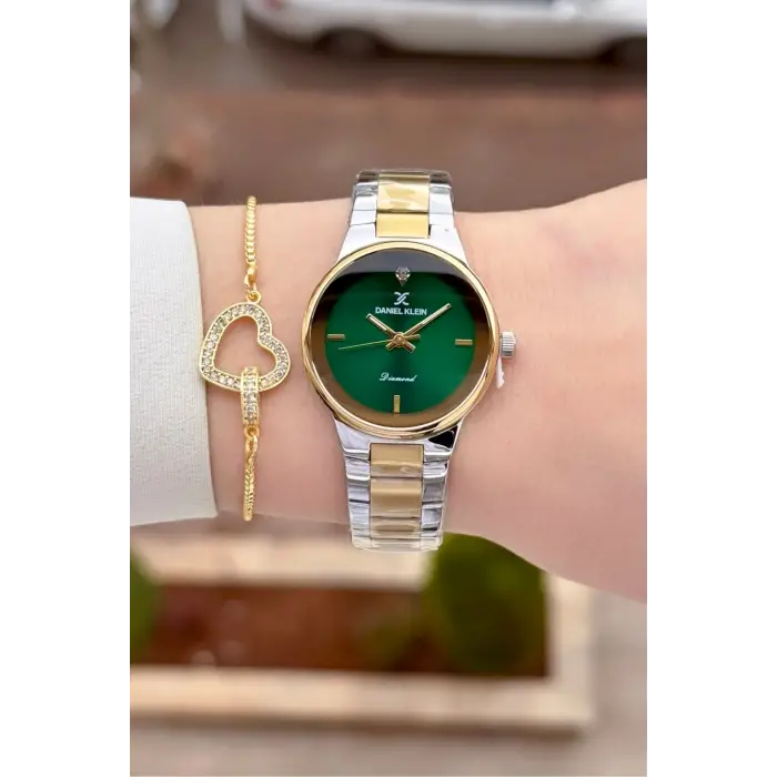 Pırlantalı Kadranı Yeşil Kordonu Gold Gümüş Renk 30 mm Hediye Paketli Kadın Kol Saati ve Bileklik