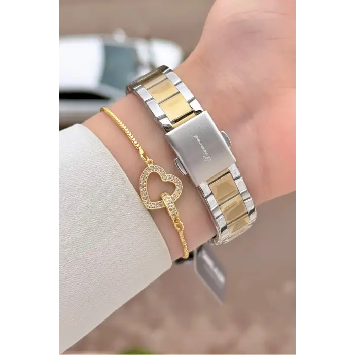 Pırlantalı Kadranı Yeşil Kordonu Gold Gümüş Renk 30 mm Hediye Paketli Kadın Kol Saati ve Bileklik