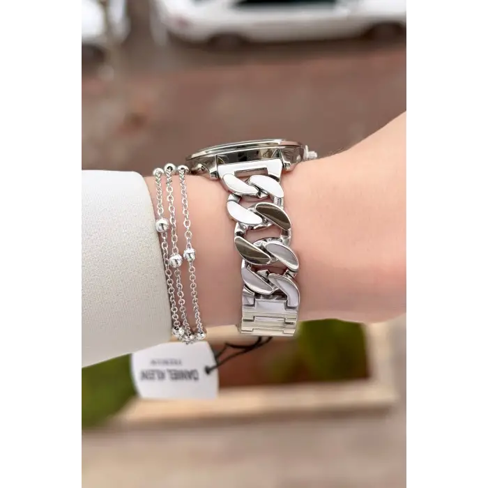 Gümüş Renk 32 mm Hediye Paketli Kadın Kol Saati ve Bileklik