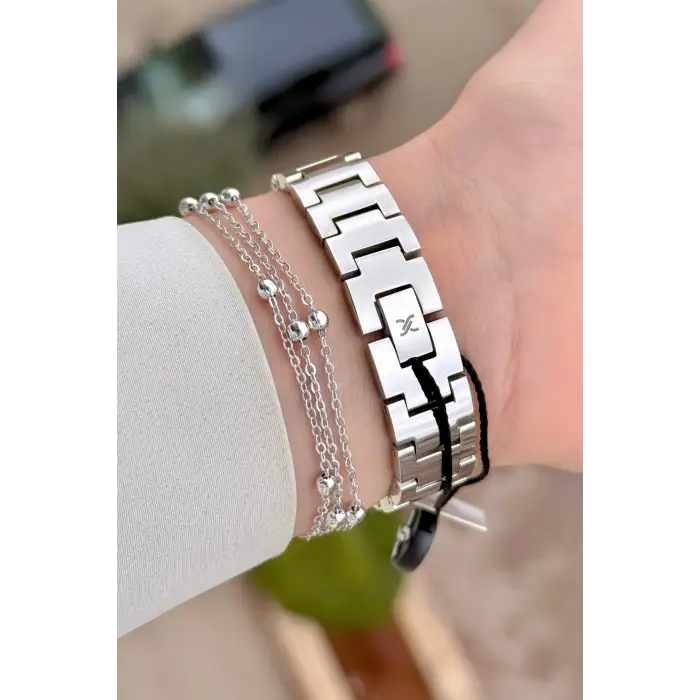 Gümüş Renk 32 mm Hediye Paketli Kadın Kol Saati ve Bileklik