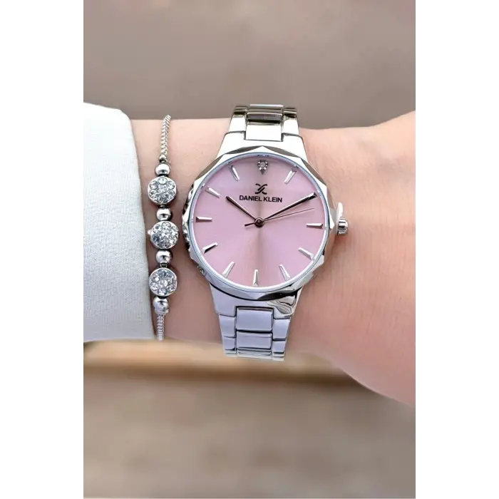 Kadranı Pembe Kordonu Gümüş Renk Hediye Paketli Kadın Kol Saati ve Bileklik