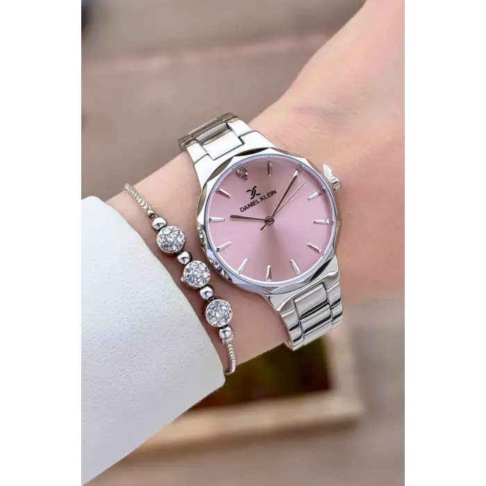 Kadranı Pembe Kordonu Gümüş Renk Hediye Paketli Kadın Kol Saati ve Bileklik