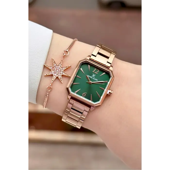 Kadranı Yeşil Kordonu Rose Renk 26 mm Kadın Kol Saati ve Bileklik