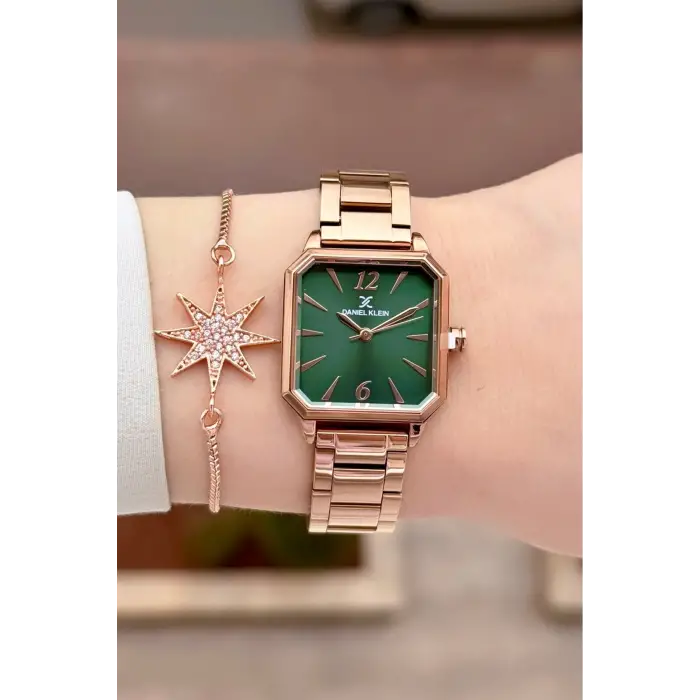 Kadranı Yeşil Kordonu Rose Renk 26 mm Kadın Kol Saati ve Bileklik