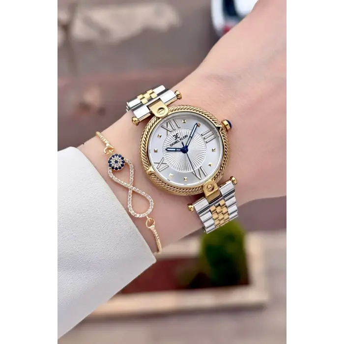 Gold Gümüş Renk 32 Mm Kadın Kol Saati ve Bileklik