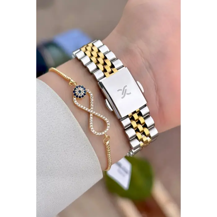 Gold Gümüş Renk 32 Mm Kadın Kol Saati ve Bileklik