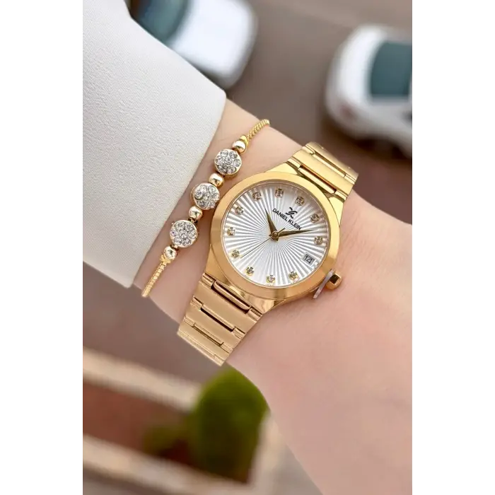 Gold Renk 30 Mm Kadın Kol Saati ve Bileklik