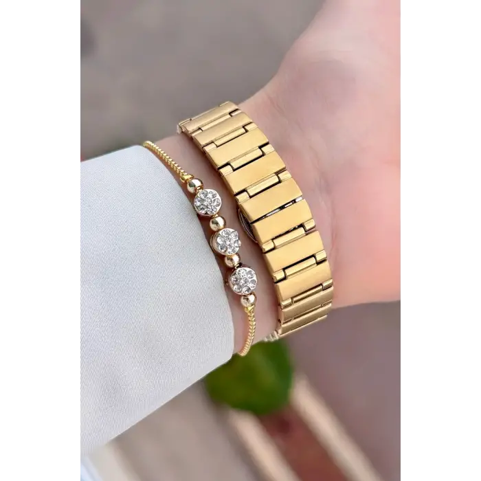 Gold Renk 30 Mm Kadın Kol Saati ve Bileklik