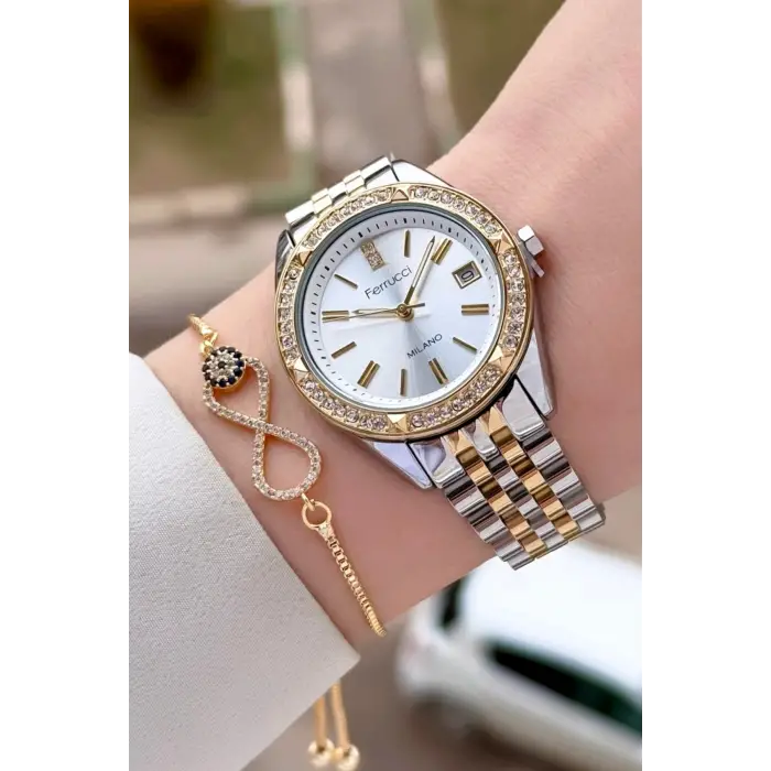 Gold Gümüş Renk 34 Mm Kadın Kol Saati ve Bileklik
